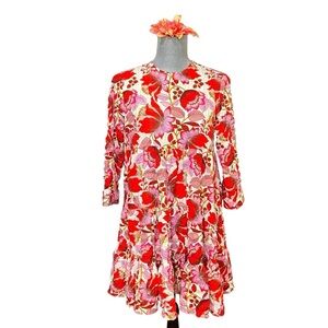 Zara Sharon Red Pink Floral Mini Babydoll Swing Tiered Boho Dress Size  XS